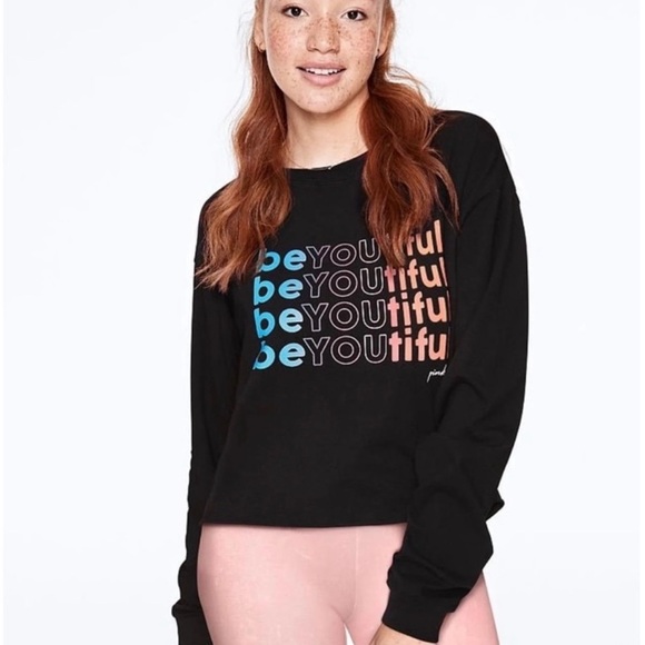 PINK Victoria's Secret Tops - PINK Victoria's Secret Black Long Sleeve Tee with BeYOUtiful Design